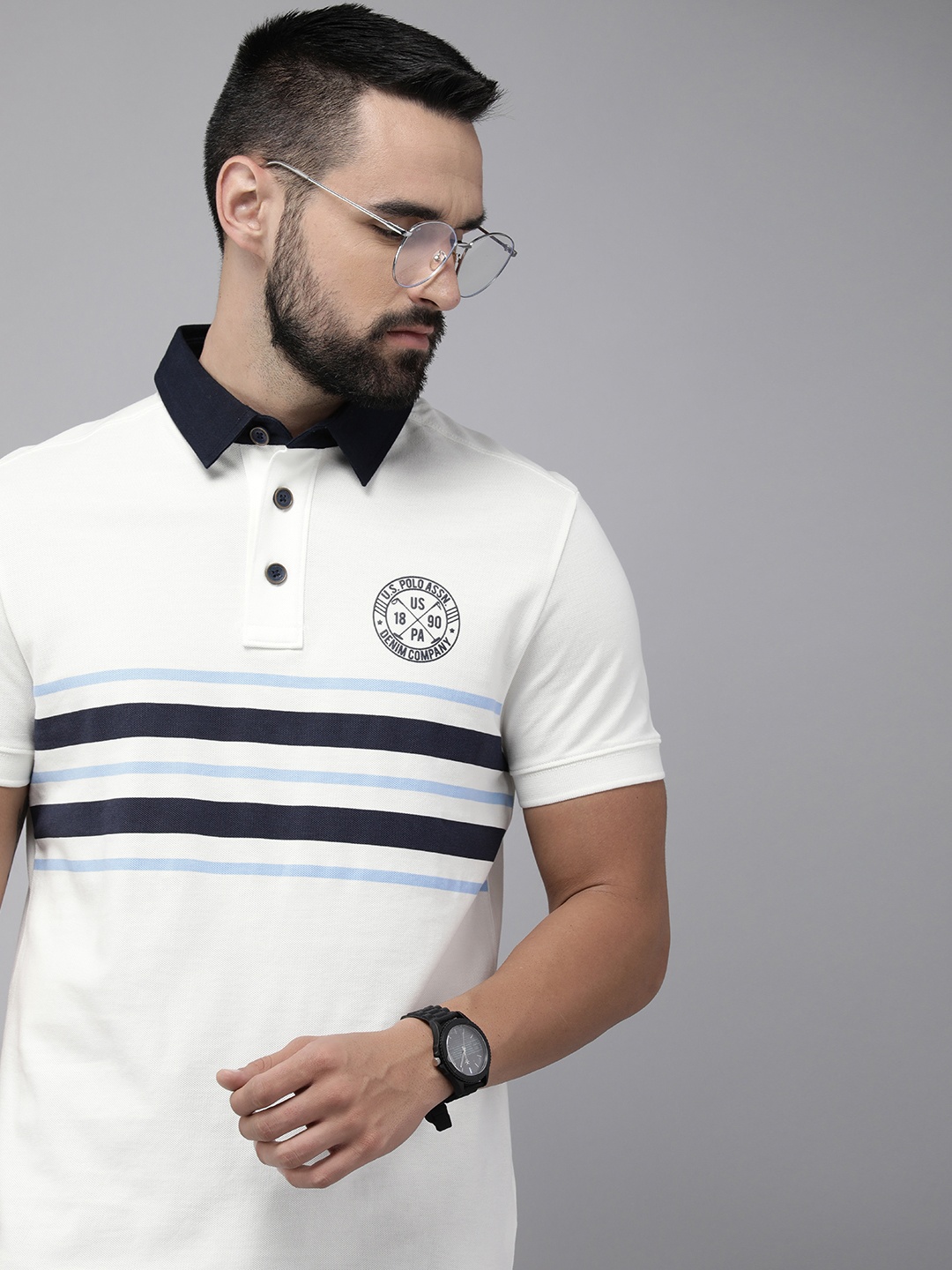 

U.S. Polo Assn. Denim Co. Men Striped Pure Cotton Slim Fit T-shirt, White