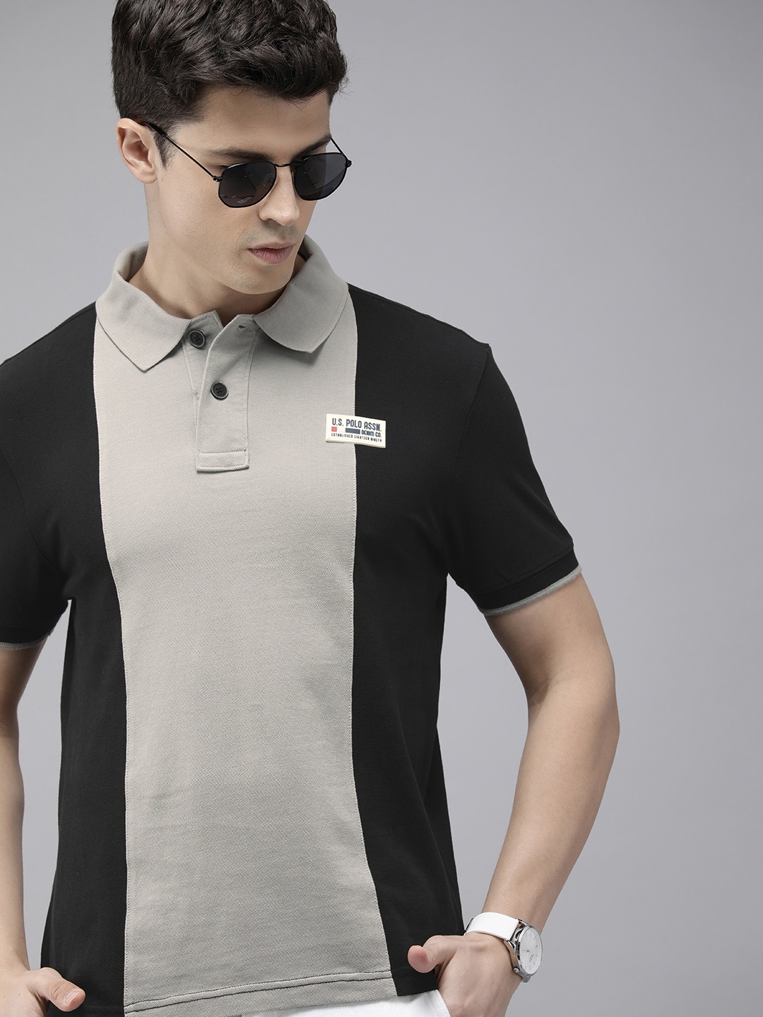 

U.S. Polo Assn. Denim Co. Pure Cotton Colourblocked Printed Polo Collar Slim Fit T-shirt, Black