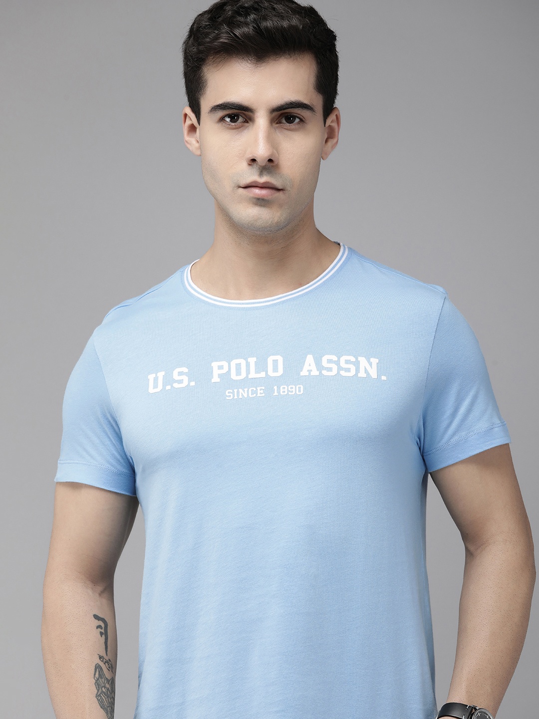 

U.S. Polo Assn. Men Brand Logo Printed Pure Cotton Slim Fit T-shirt, Blue