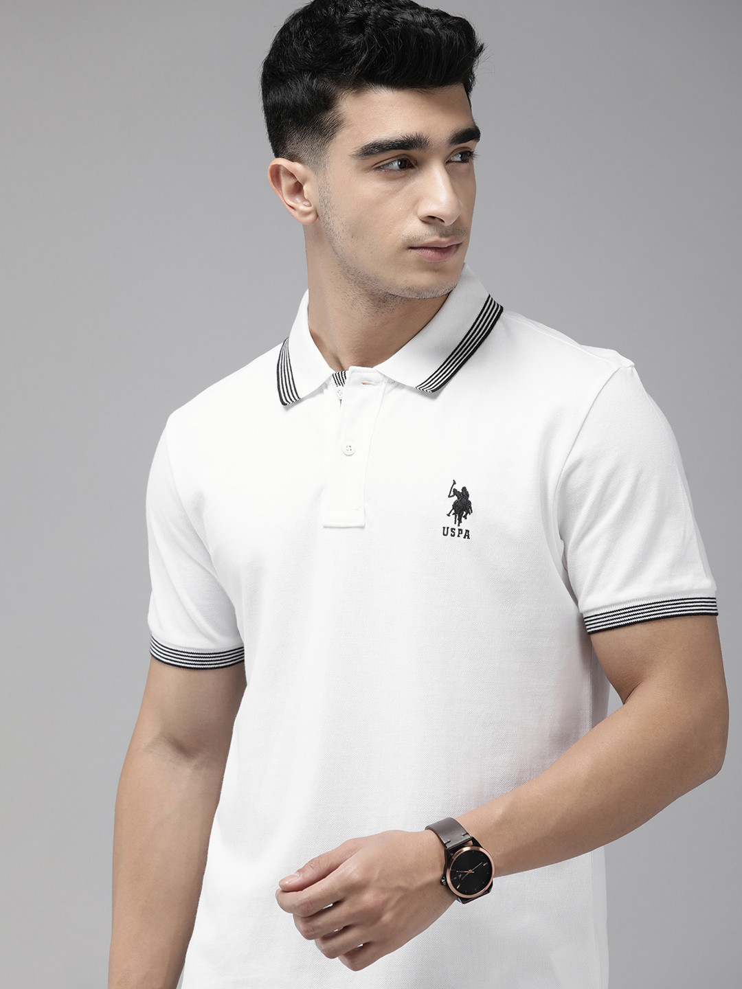 

U.S. Polo Assn. Men Polo Collar Pure Cotton Slim Fit T-shirt, White