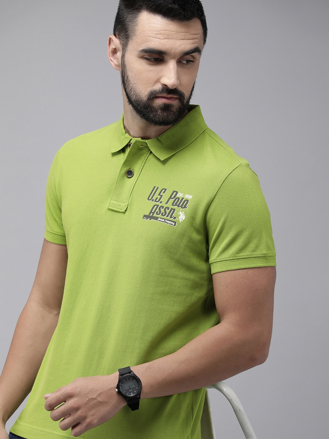 

U.S. Polo Assn. Denim Co. Pure Cotton Brand Logo Printed Polo Collar Slim Fit T-shirt, Green