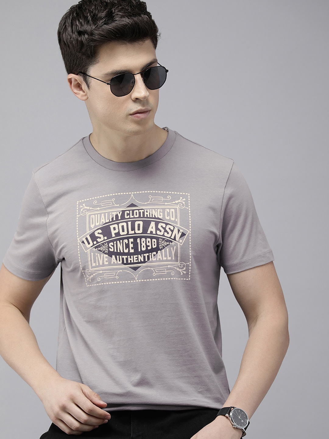 

U.S. Polo Assn. Denim Co. Men Brand Logo Printed Pure Cotton Slim Fit T-shirt, Grey