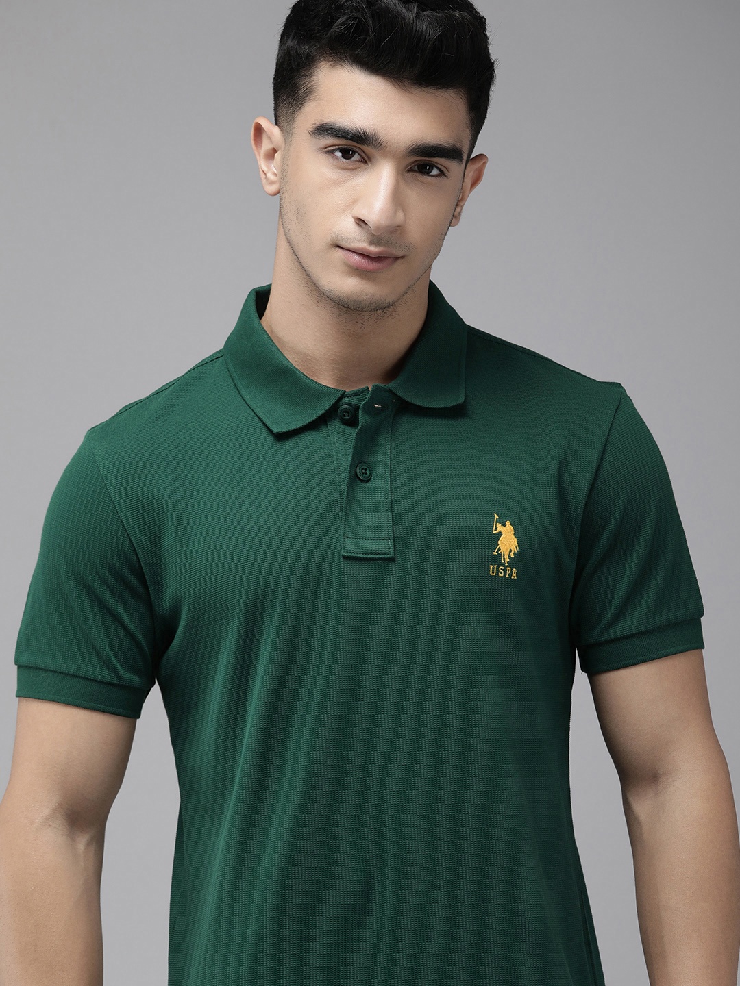 

U.S. Polo Assn. Men Polo Collar Pure Cotton Flyknit Slim Fit T-shirt, Green