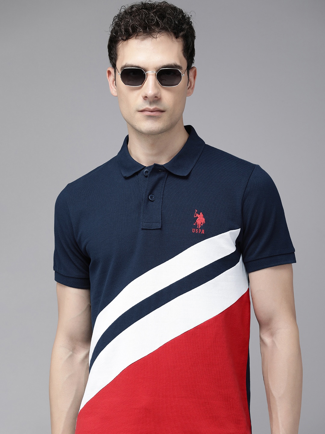 

U.S. Polo Assn. Colourblocked Polo Collar Pure Cotton Slim Fit T-shirt, Navy blue