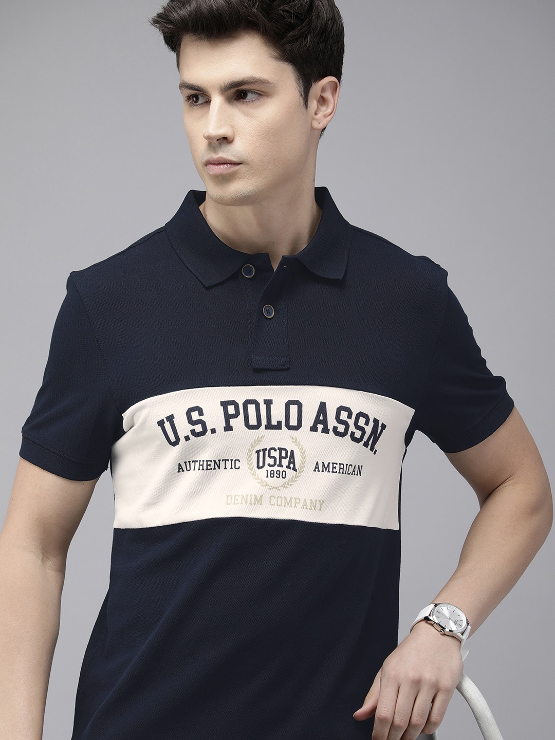 

U.S. Polo Assn. Denim Co. Pure Cotton Brand Logo Printed Polo Collar Slim Fit T-shirt, Navy blue