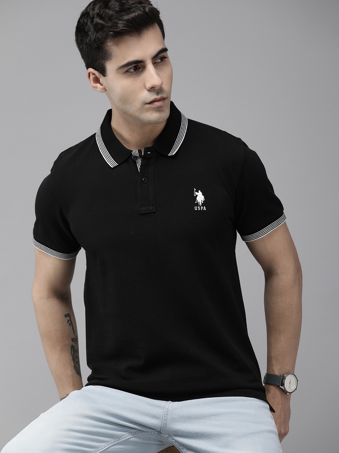 

U.S. Polo Assn. Pure Cotton Polo Collar Slim Fit Casual T-shirt, Black