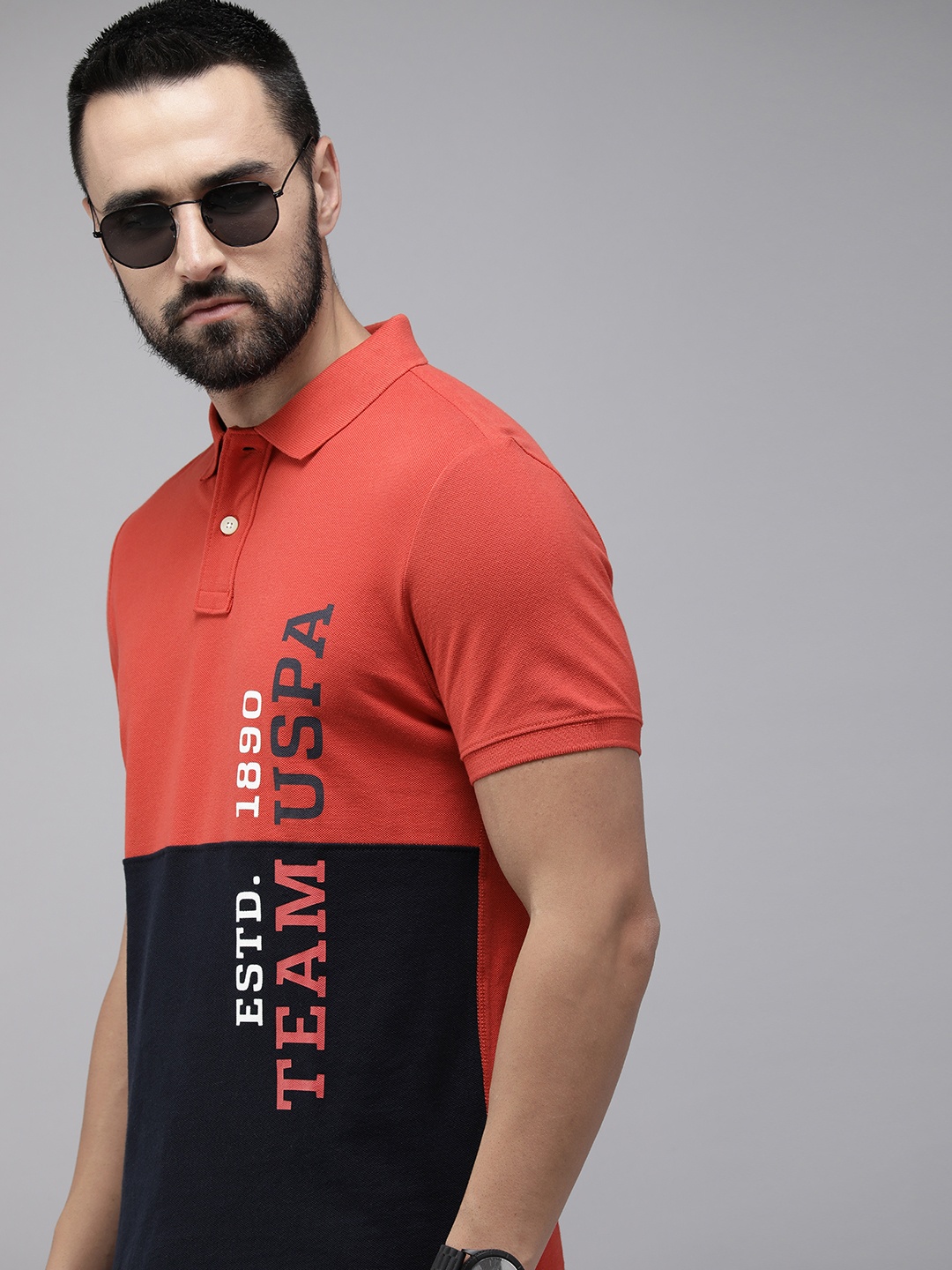 

U.S. Polo Assn. Denim Co. Typography Colourblocked Polo Pure Cotton Slim Fit T-shirt, Red