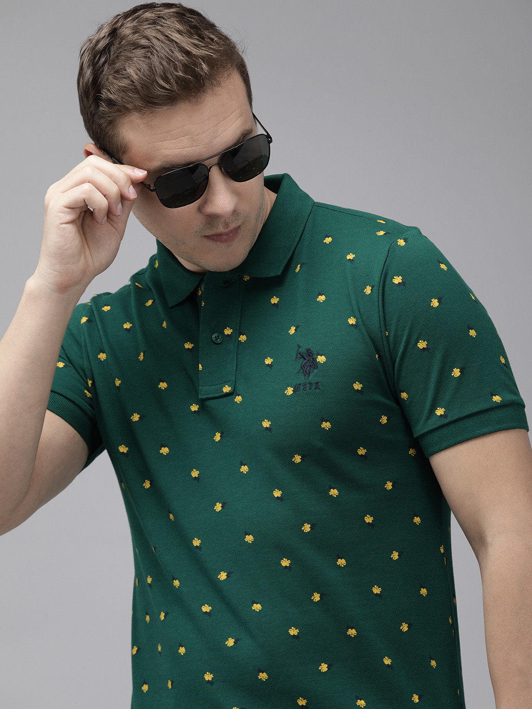 

U.S. Polo Assn. Floral Printed Polo Collar Pure Cotton Slim Fit T-shirt, Teal