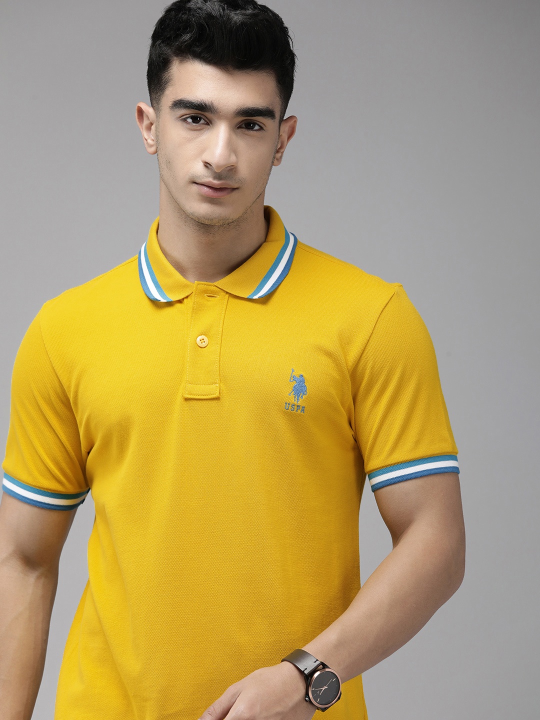 

U.S. Polo Assn. Men Polo Collar Pure Cotton Slim Fit T-shirt, Mustard