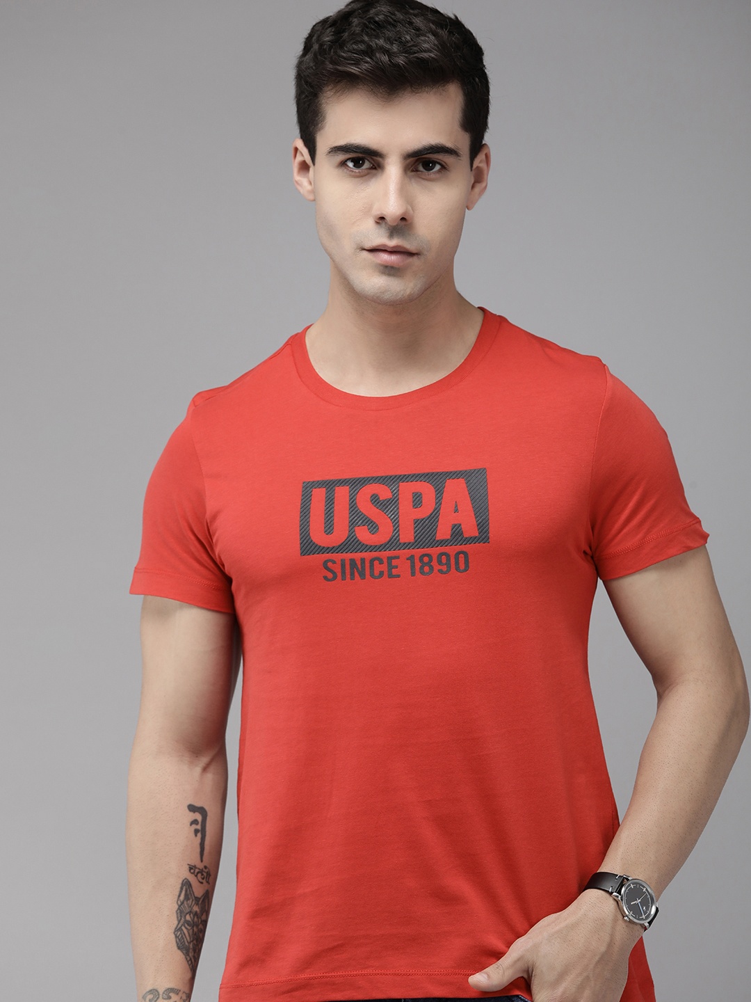 

U.S. Polo Assn. Men Brand Logo Printed Pure Cotton Slim Fit T-shirt, Red