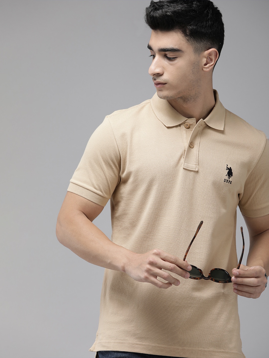 

U.S. Polo Assn. Pure Cotton Self Design Polo Collar Slim Fit T-shirt, Beige