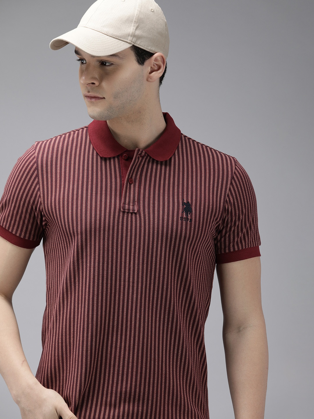 

U.S. Polo Assn. Striped Polo Collar Pure Cotton Slim Fit T-shirt, Maroon