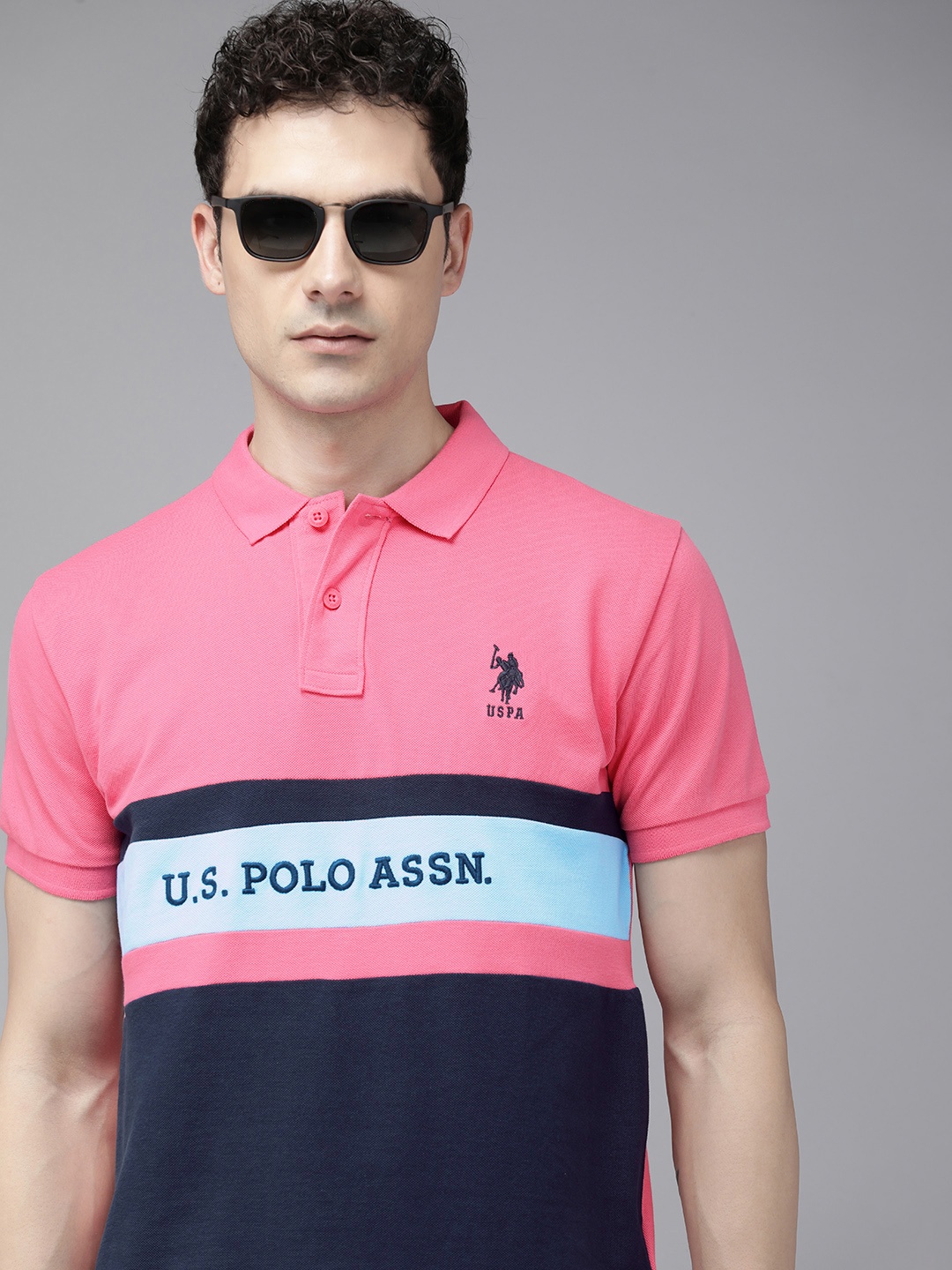 

U.S. Polo Assn. Colourblocked Polo Collar Pure Cotton Slim Fit T-shirt, Pink