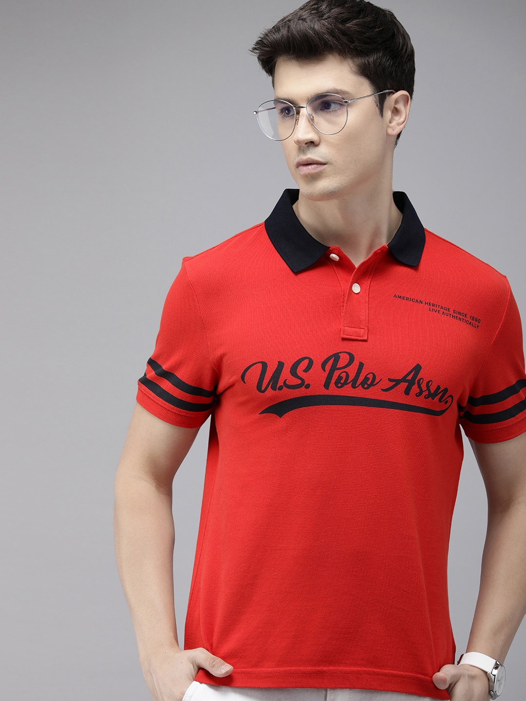 

U.S. Polo Assn. Denim Co. Pure Cotton Brand Logo Printed Polo Collar Slim Fit T-shirt, Red