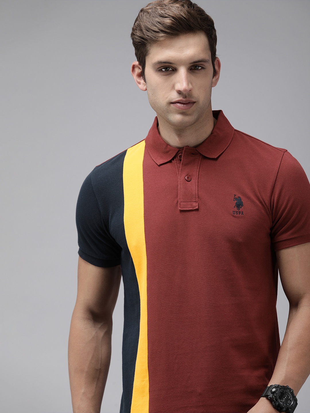 

U.S. Polo Assn. Colourblocked Polo Collar Pure Cotton Slim Fit T-shirt, Maroon