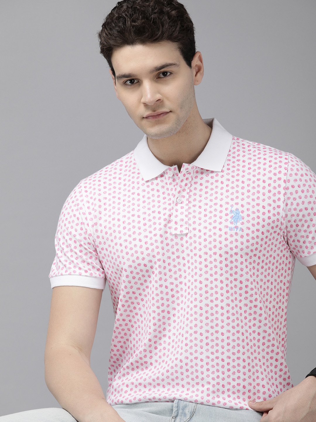 

U.S. Polo Assn. Printed Polo Collar Pure Cotton Slim Fit T-shirt, Pink