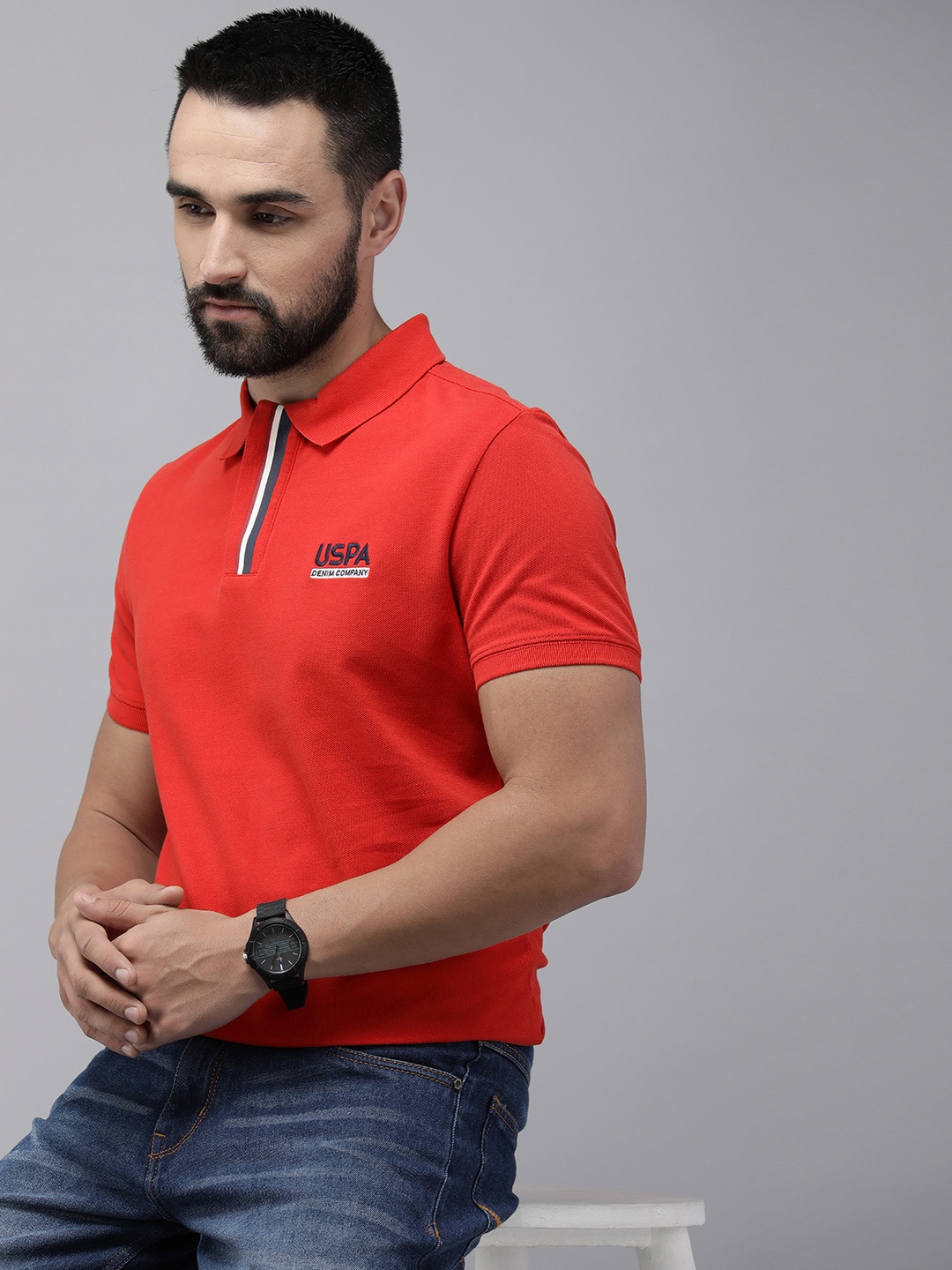 

U.S. Polo Assn. Denim Co. Pure Cotton Brand Logo Embroidered Polo Collar Slim Fit T-shirt, Red