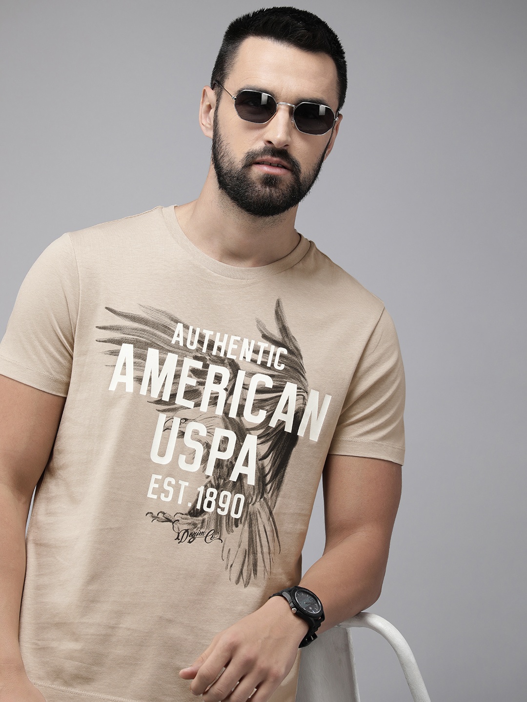 

U.S. Polo Assn. Denim Co. Typography Printed Pure Cotton Slim Fit T-shirt, Beige