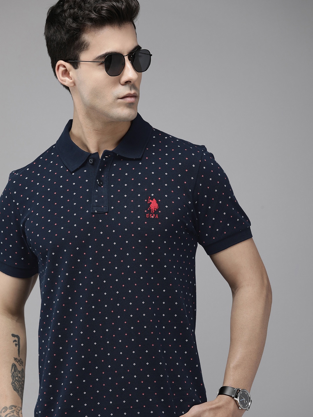 

U.S. Polo Assn. Men Printed Polo Collar Pure Cotton Slim Fit T-shirt, Navy blue