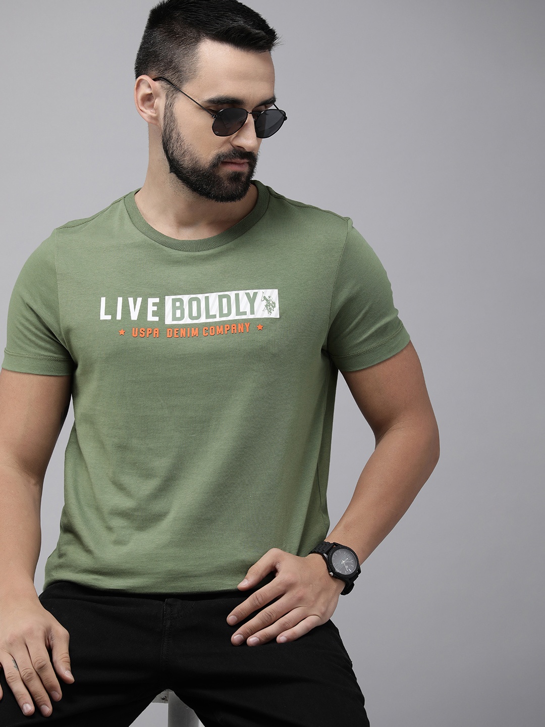 

U.S. Polo Assn. Denim Co. Typography Printed Pure Cotton Slim Fit T-shirt, Green