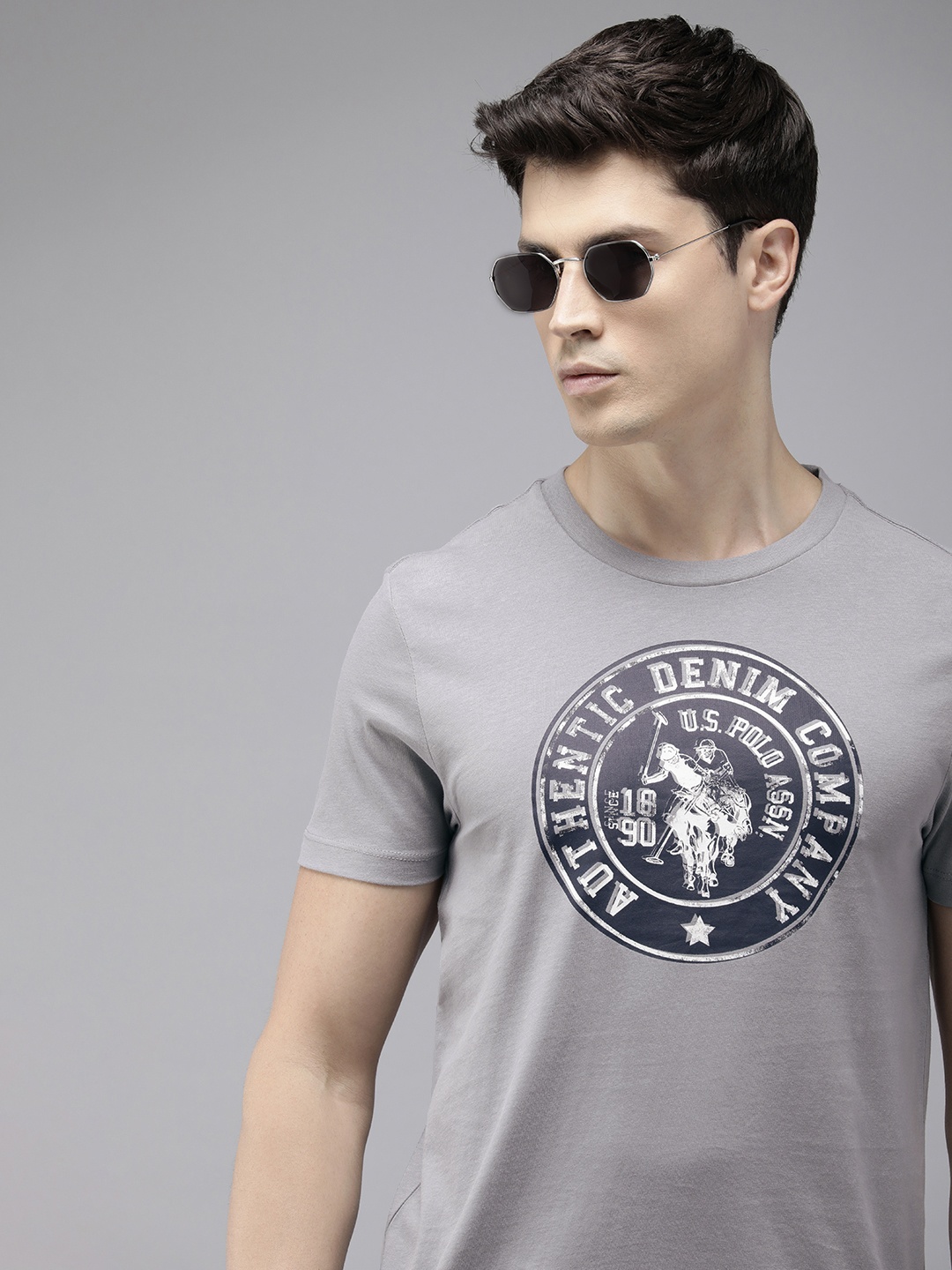 

U.S. Polo Assn. Denim Co. Men Brand Logo Printed Pure Cotton Slim Fit T-shirt, Grey