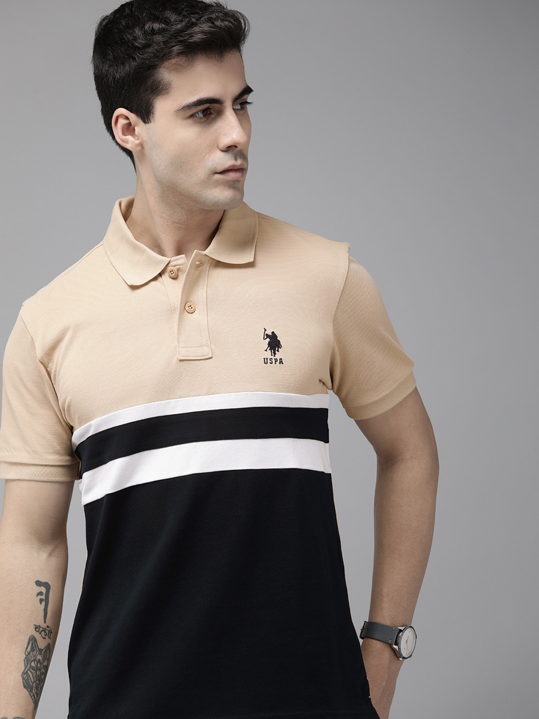 

U.S. Polo Assn. Pure Cotton Colourblocked Polo Collar Slim Fit T-shirt, Beige