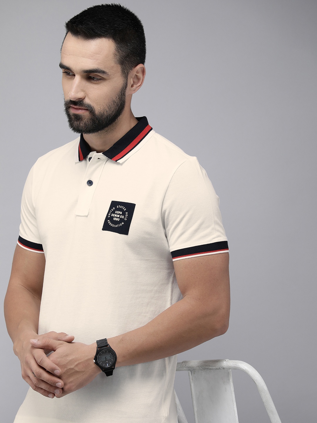 

U.S. Polo Assn. Denim Co. Pure Cotton Brand Logo Printed Polo Collar Slim Fit T-shirt, White