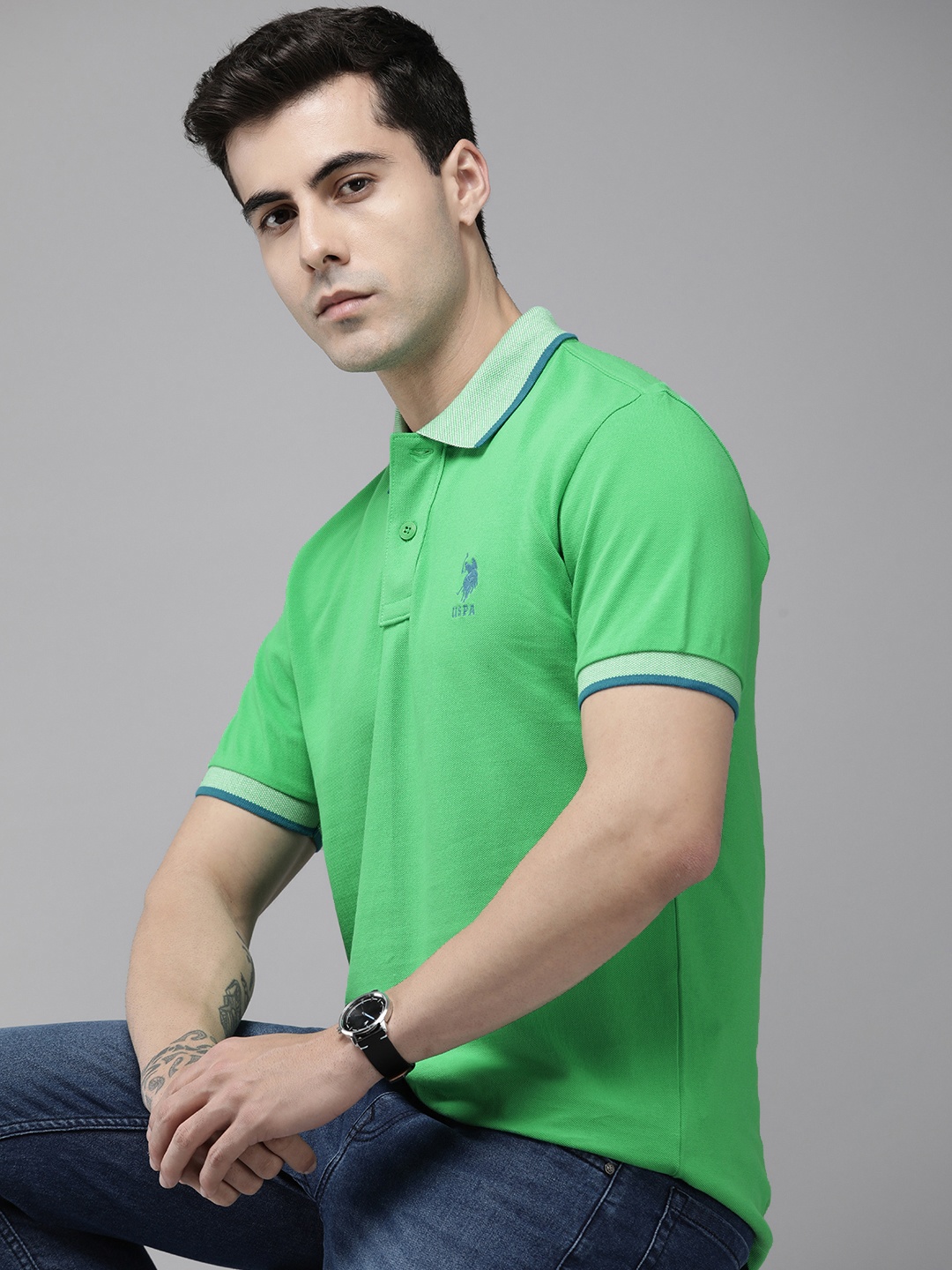 

U.S. Polo Assn. Men Polo Collar Pure Cotton Slim Fit T-shirt, Green