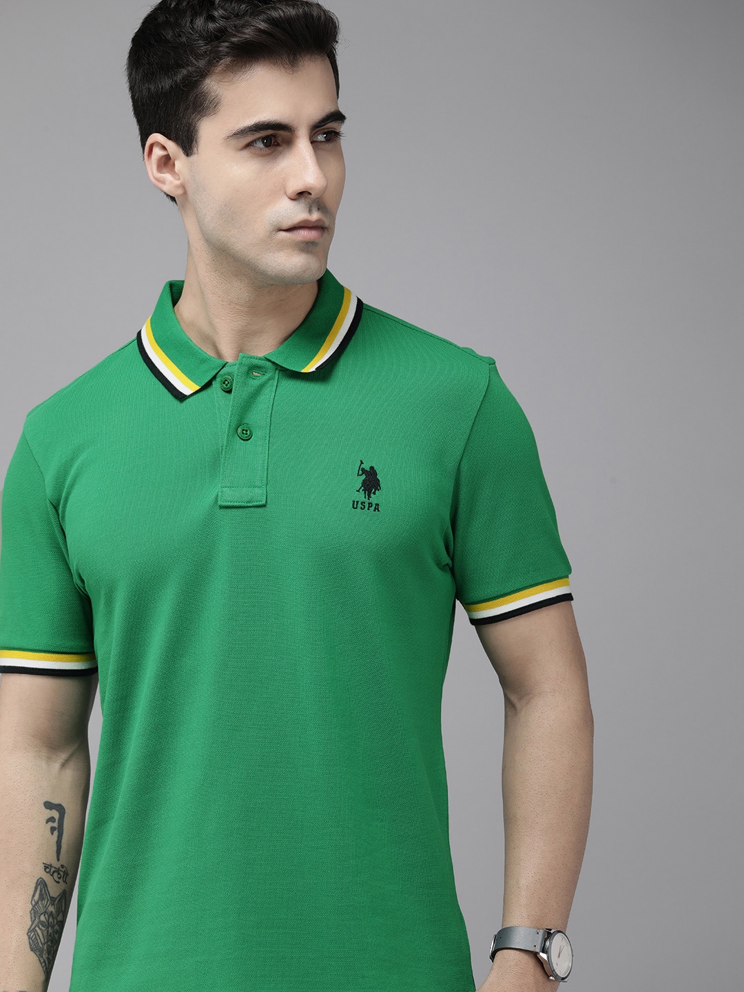 

U.S. Polo Assn. Men Polo Collar Pure Cotton Slim Fit T-shirt, Green