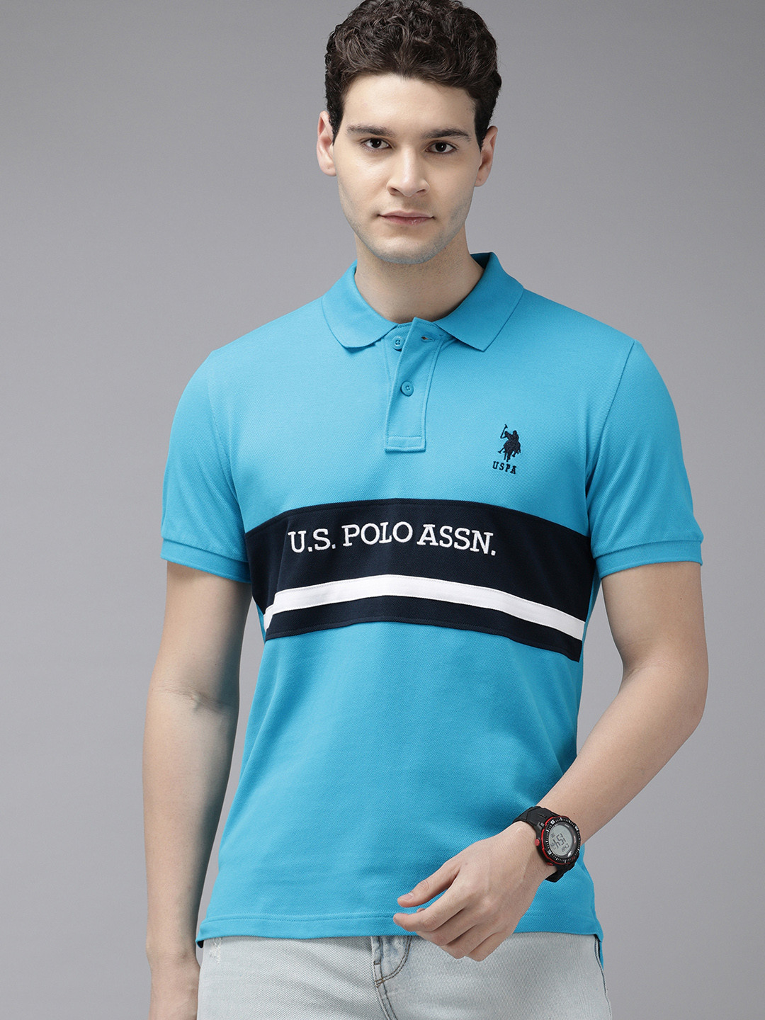 

U.S. Polo Assn. Brand Logo Embroidered Polo Collar Pure Cotton Slim Fit T-shirt, Blue