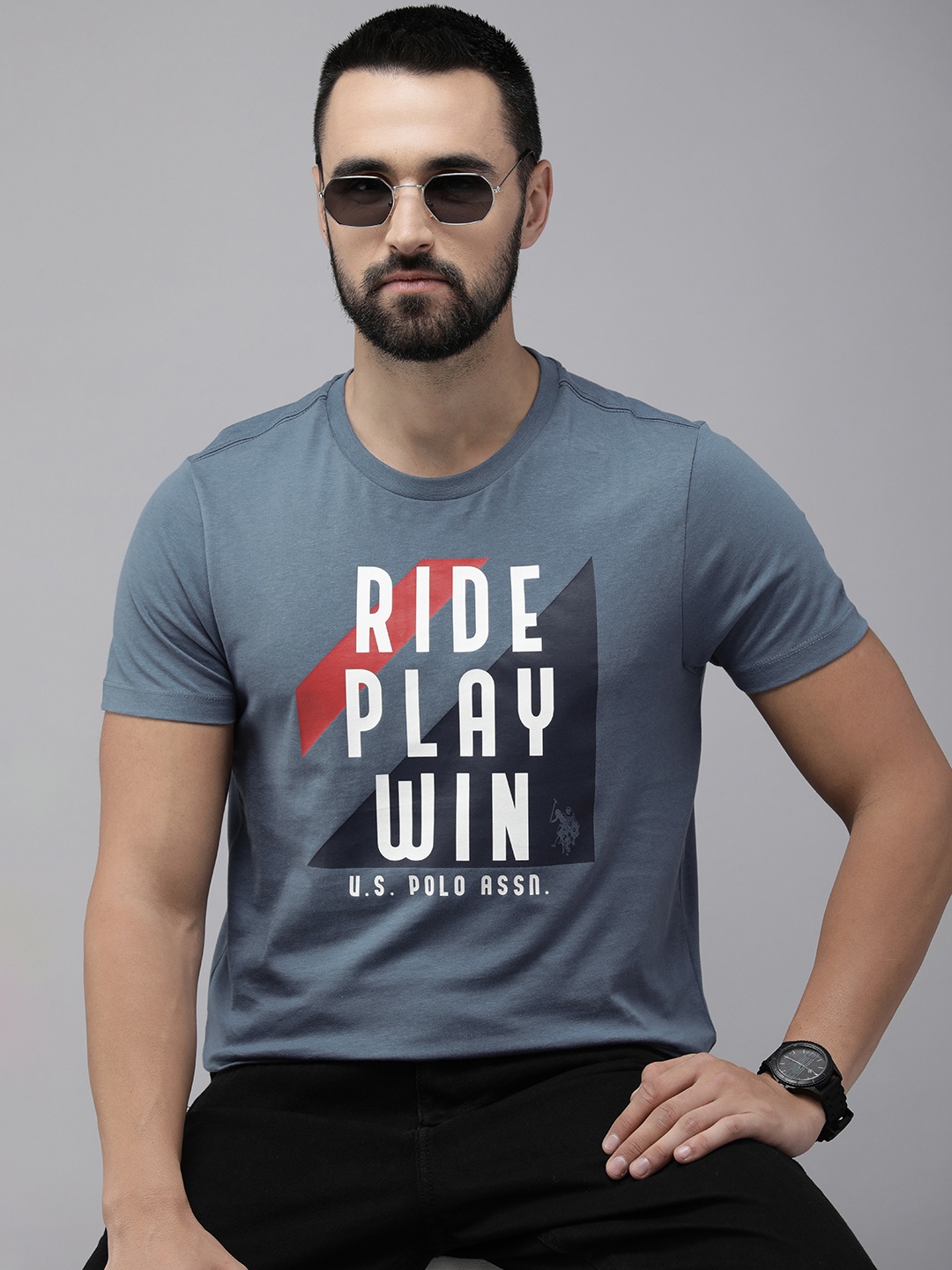 

U.S. Polo Assn. Denim Co. Typography Printed Pure Cotton Slim Fit T-shirt, Blue