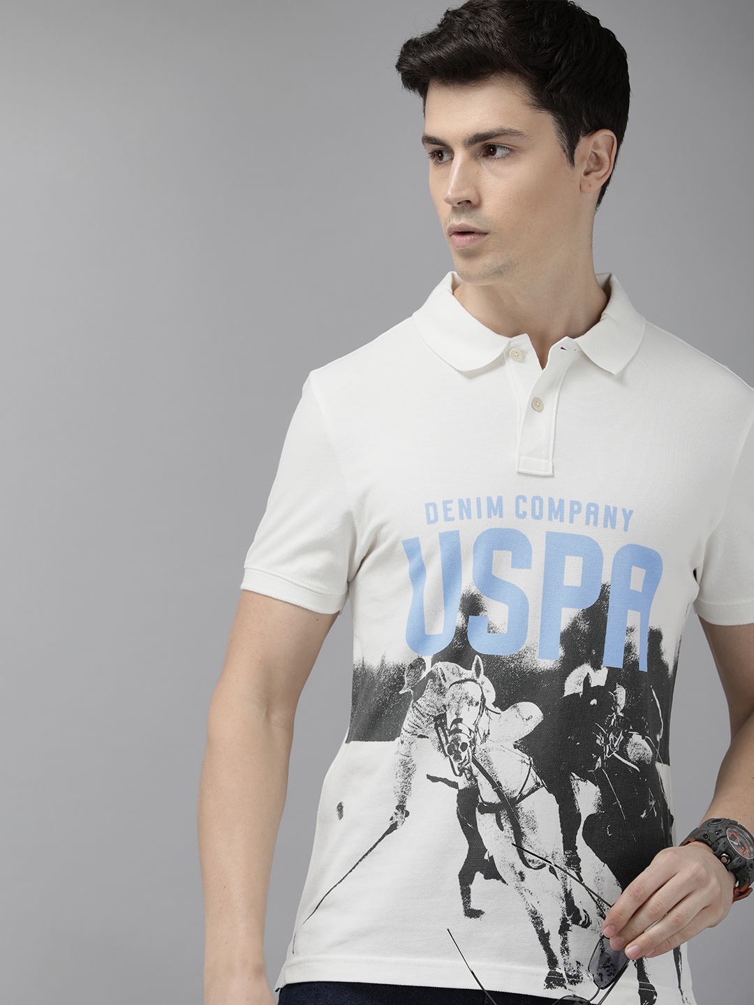 

U.S. Polo Assn. Denim Co. Printed Polo Collar Pure Cotton Slim Fit T-shirt, White