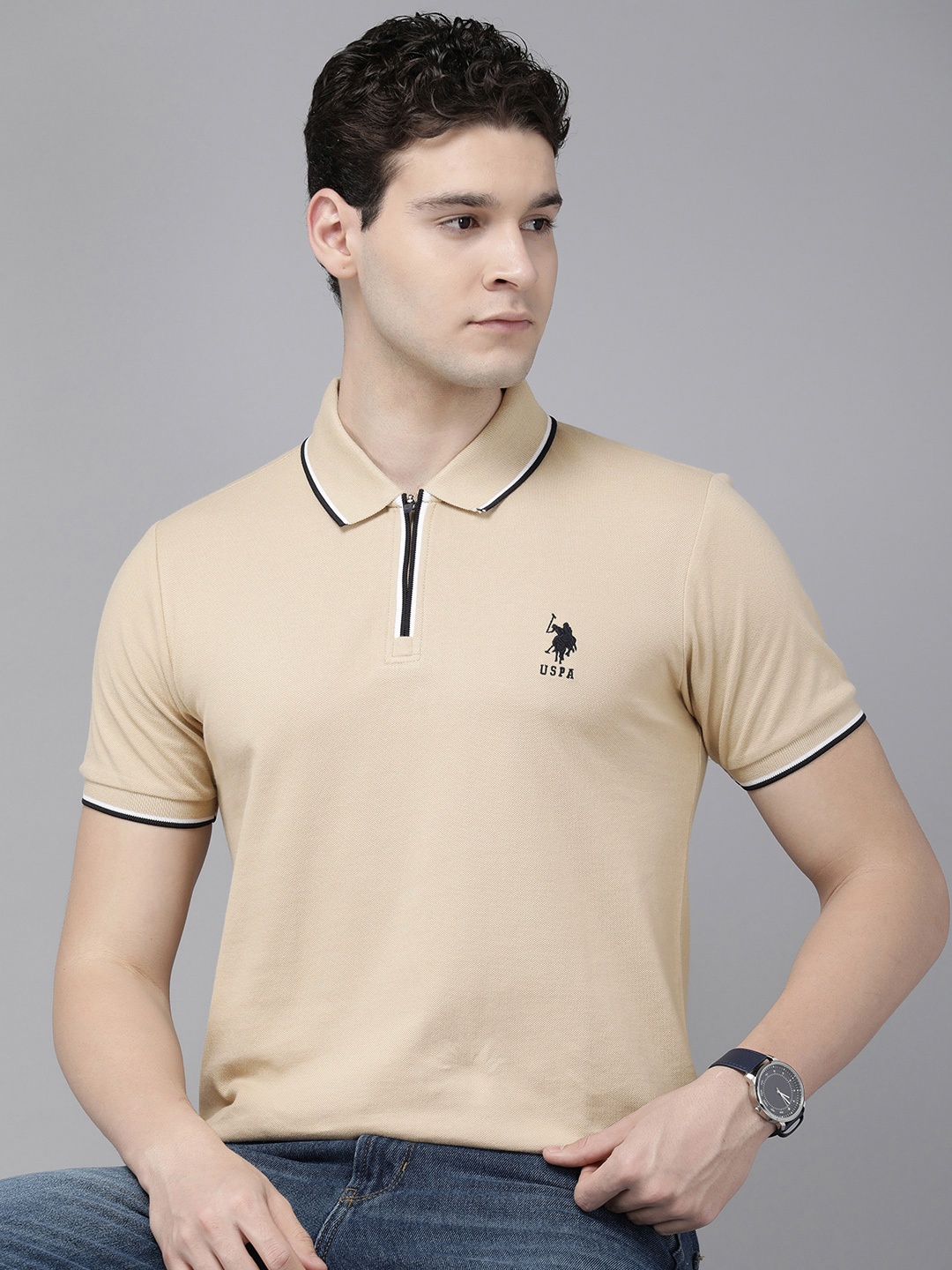 

U.S. Polo Assn. Polo Collar Pure Cotton Slim Fit T-shirt, Beige