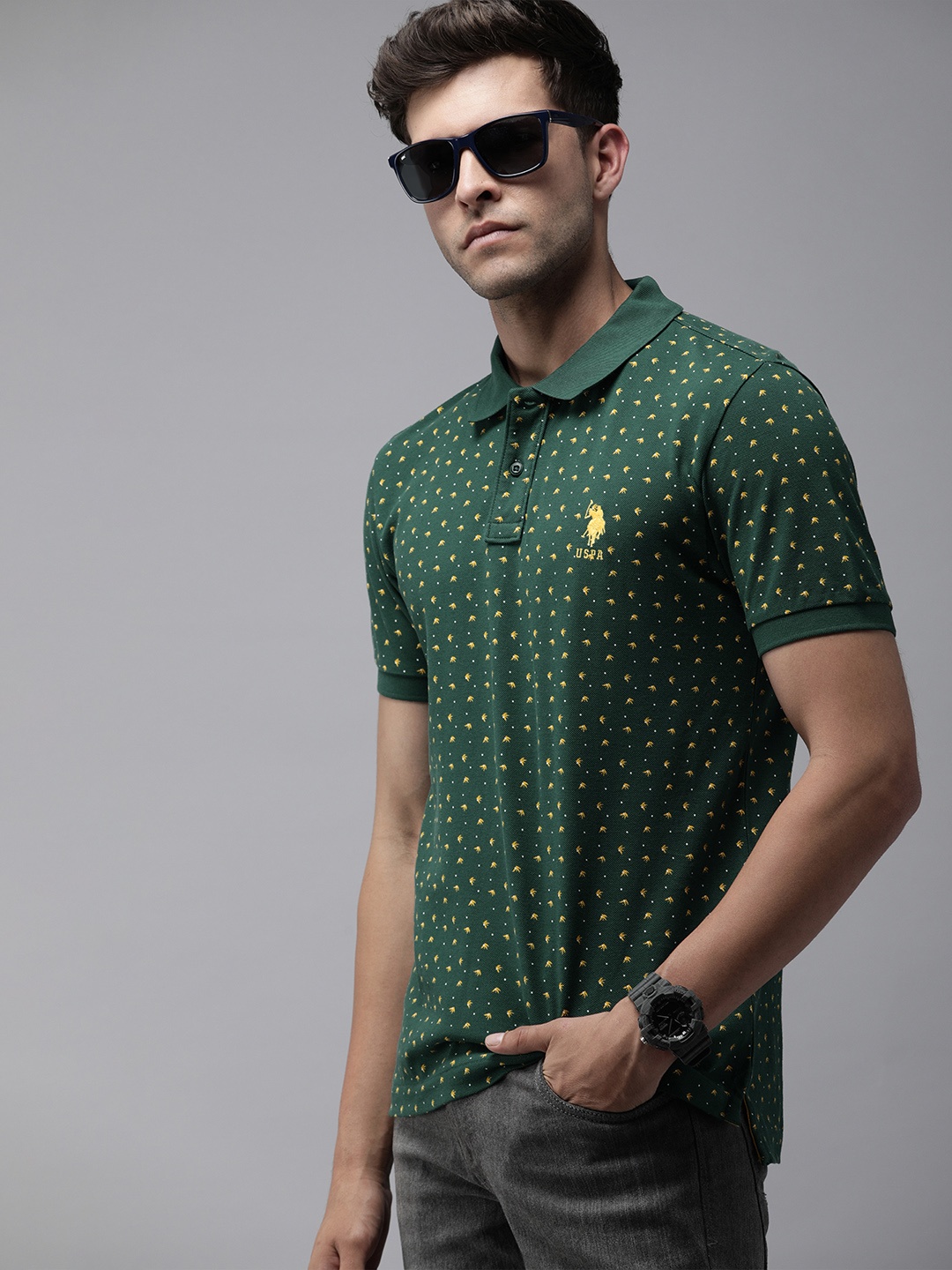 

U.S. Polo Assn. Floral Printed Polo Collar Pure Cotton Slim Fit T-shirt, Green