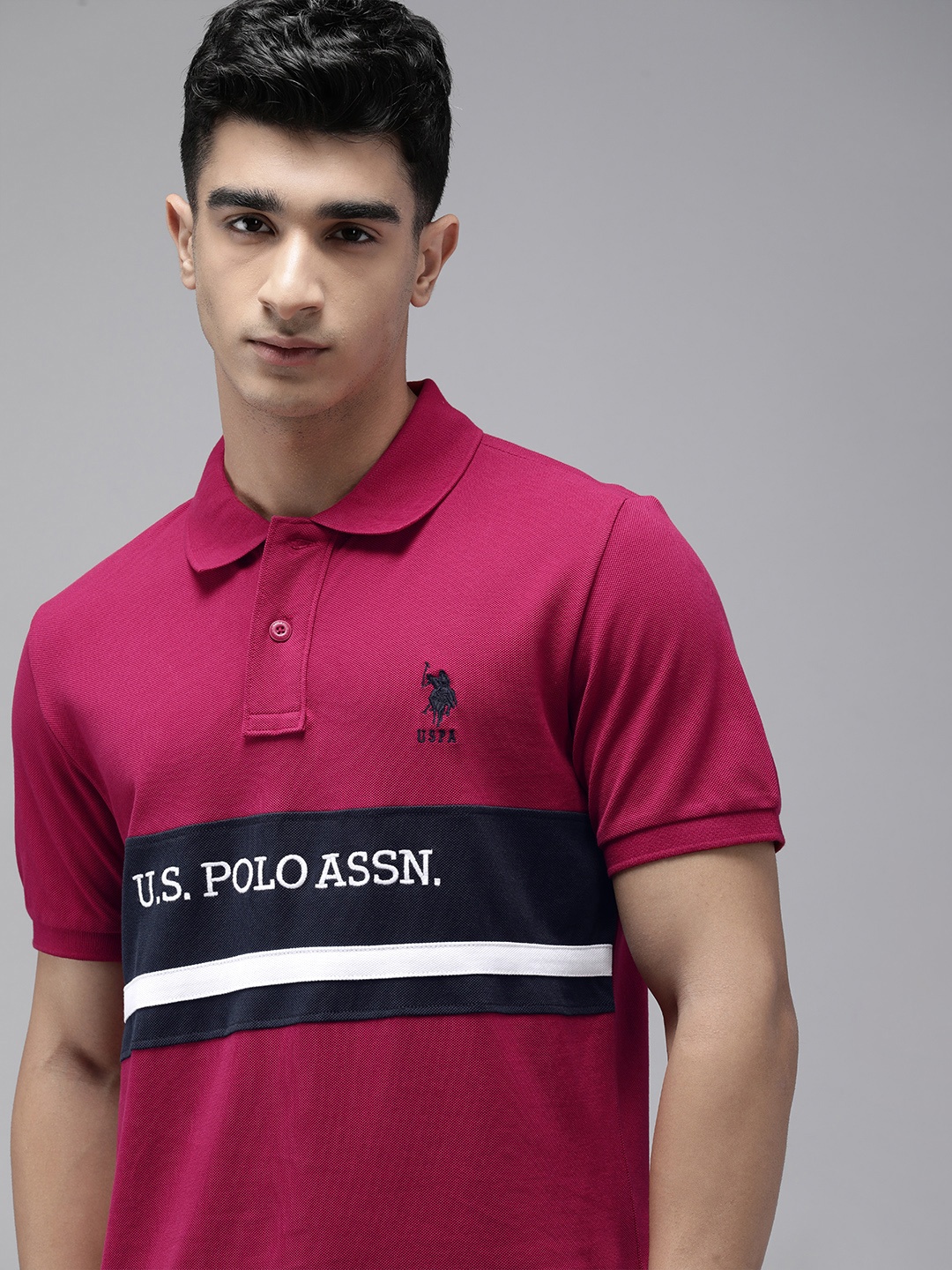 

U.S. Polo Assn. Colourblock Polo Collar Pure Cotton Slim Fit T-shirt, Magenta