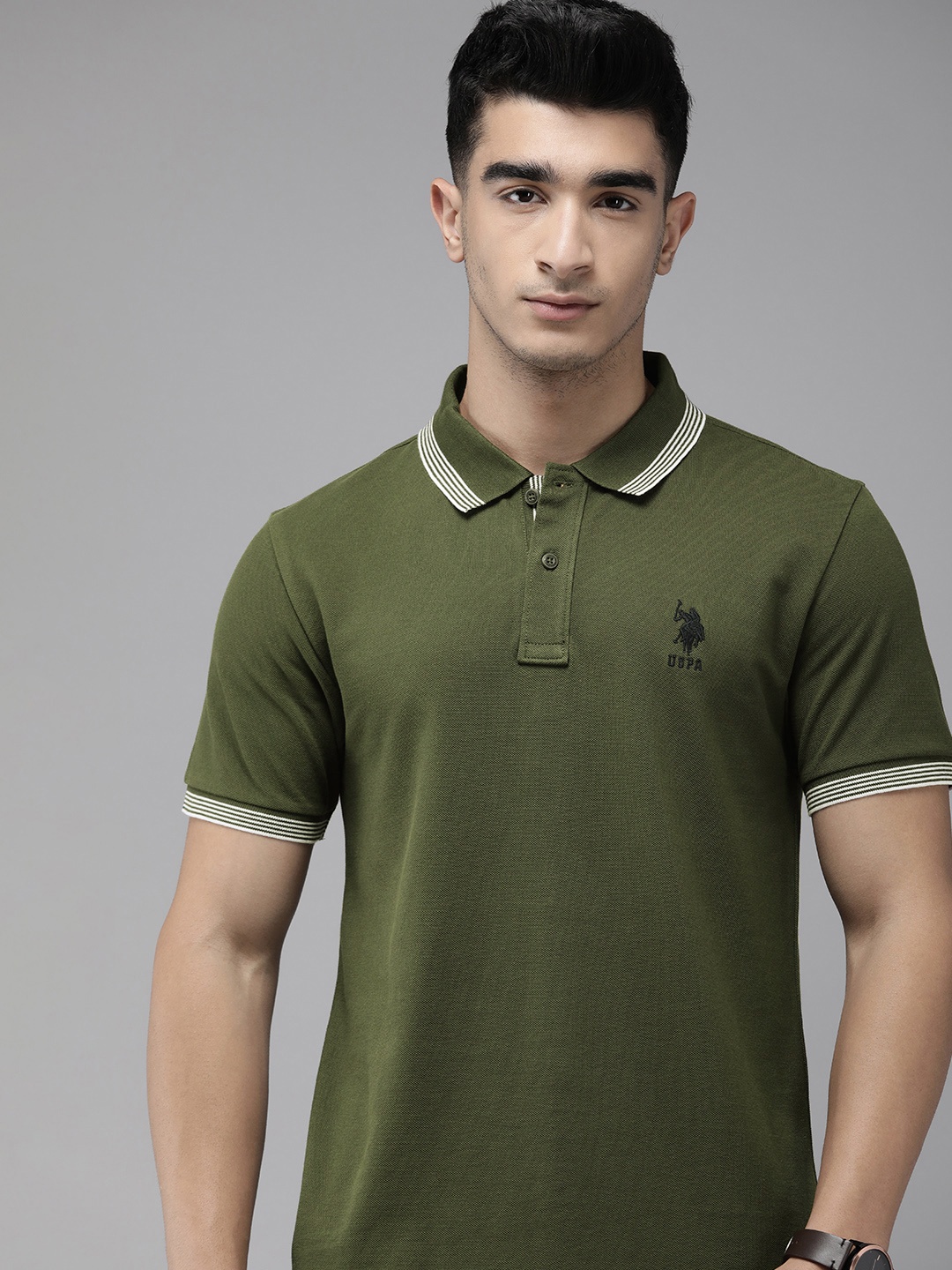 

U.S. Polo Assn. Men Polo Collar Pure Cotton Slim Fit T-shirt, Olive