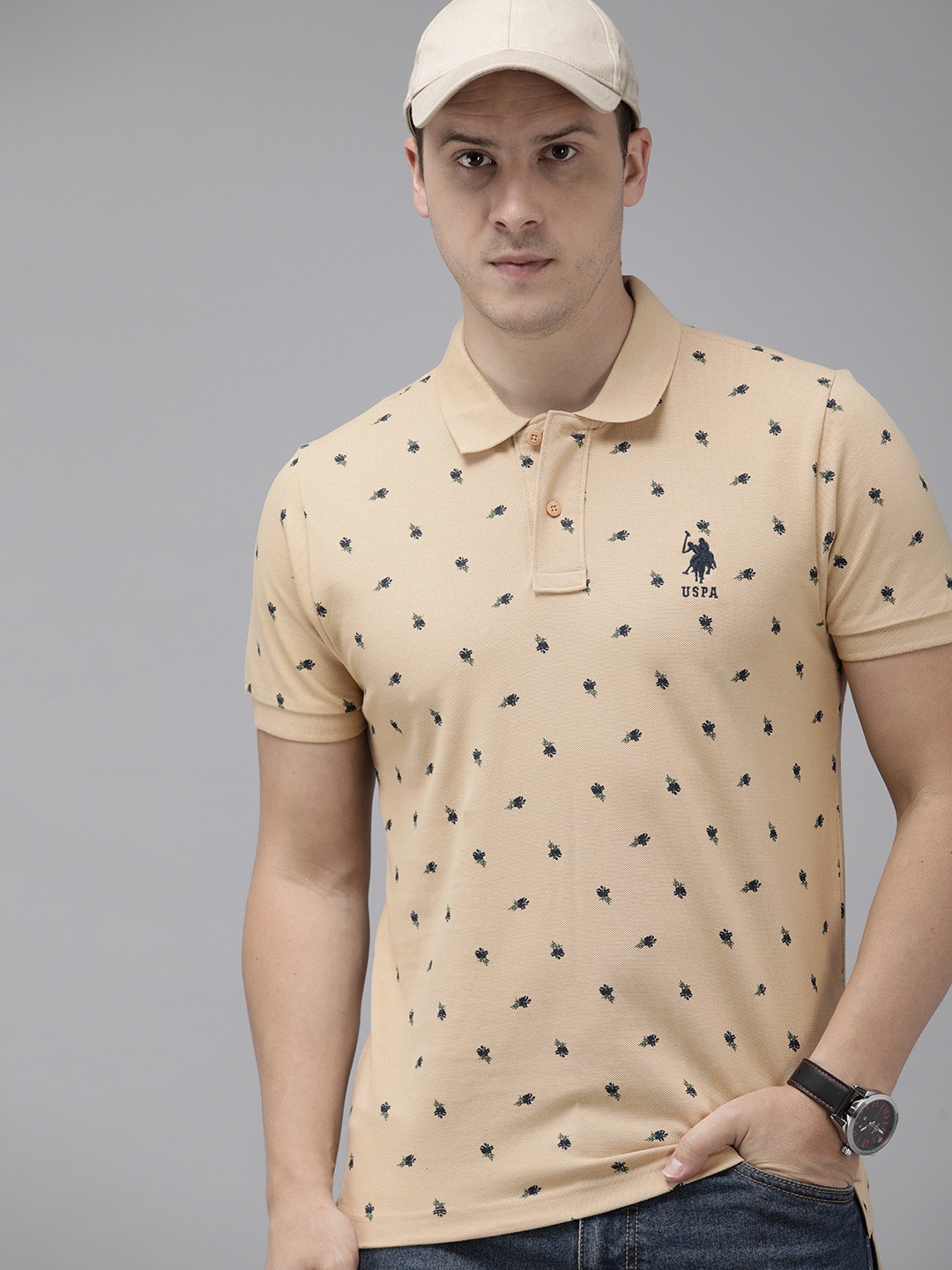 

U.S. Polo Assn. Floral Printed Polo Collar Pure Cotton Slim Fit T-shirt, Beige