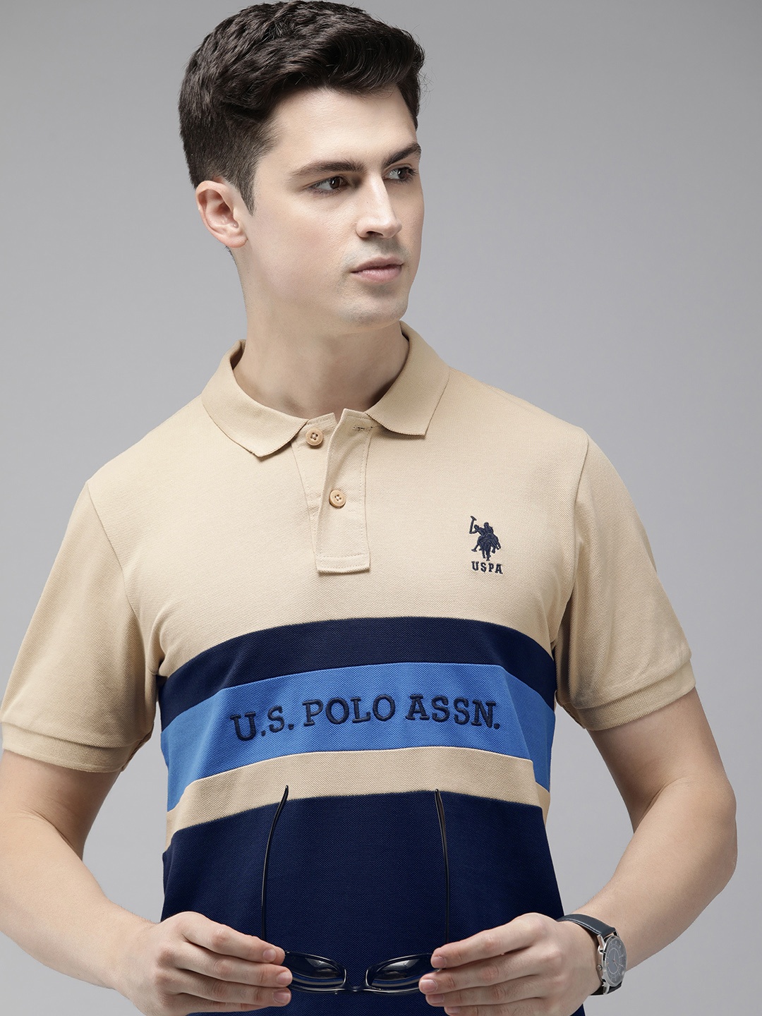 

U.S. Polo Assn. Brand Logo Colourblocked Polo Collar Pure Cotton Slim Fit T-shirt, Beige