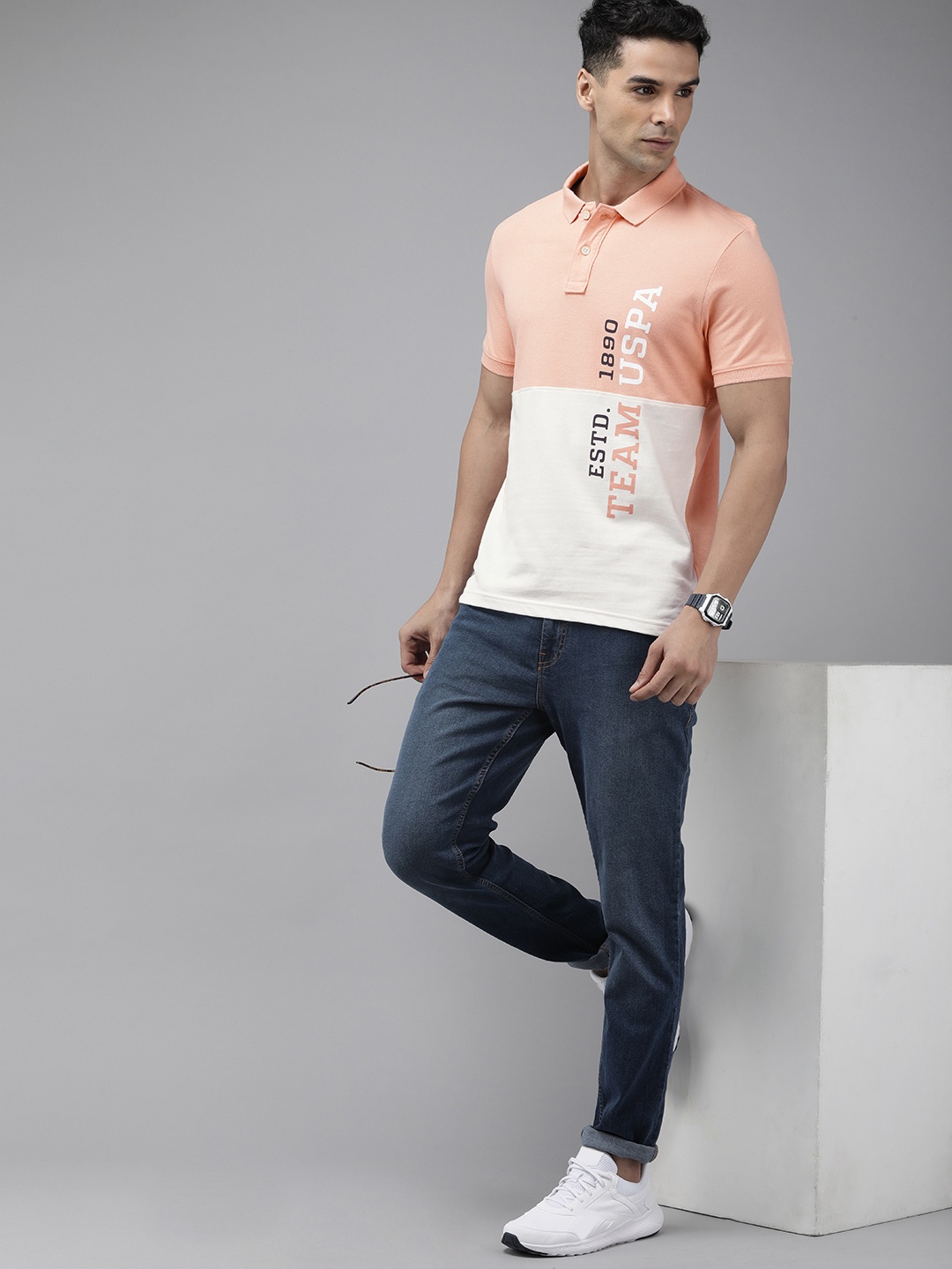 

U.S. Polo Assn. Denim Co. Men Colourblocked Polo Collar Pure Cotton Slim Fit T-shirt, Peach
