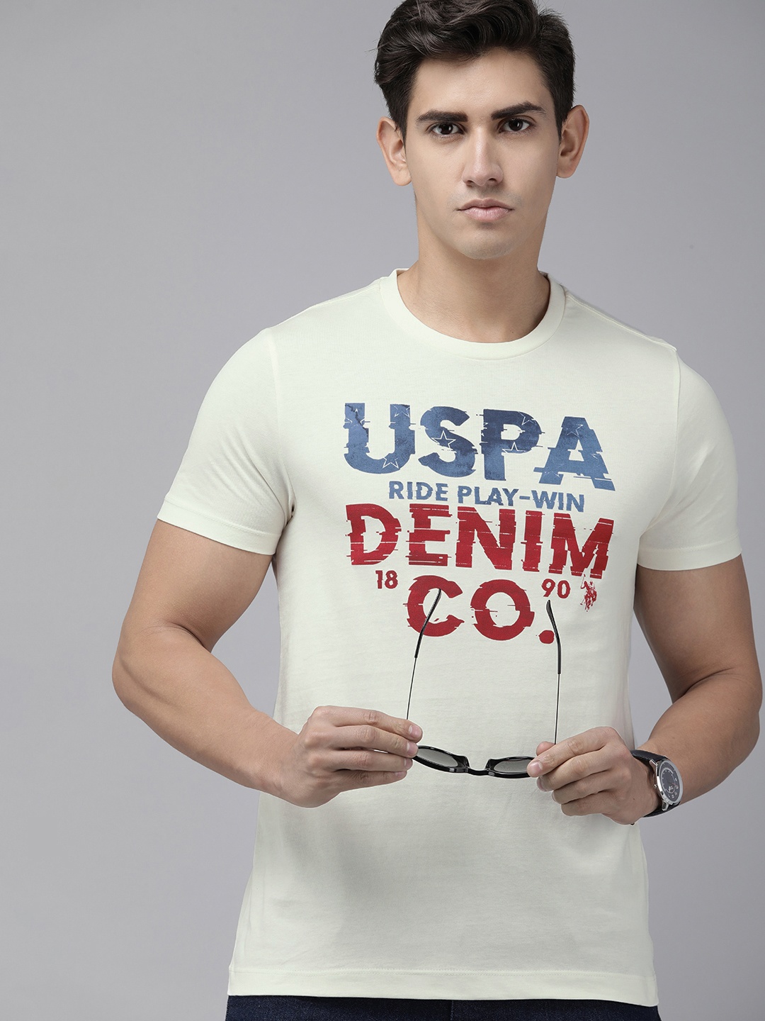 

U.S. Polo Assn. Denim Co. Pure Cotton Brand Logo Printed Slim Fit T-shirt, Off white