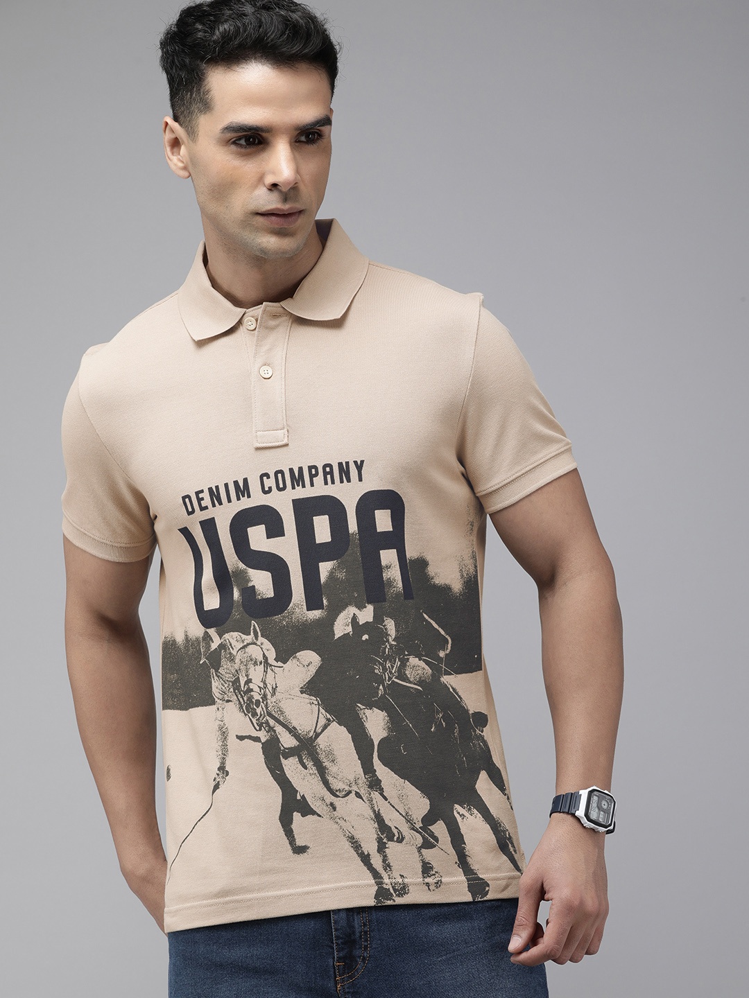 

U.S. Polo Assn. Denim Co. Men Brand Logo Printed Polo Collar Pure Cotton Slim Fit T-shirt, Beige