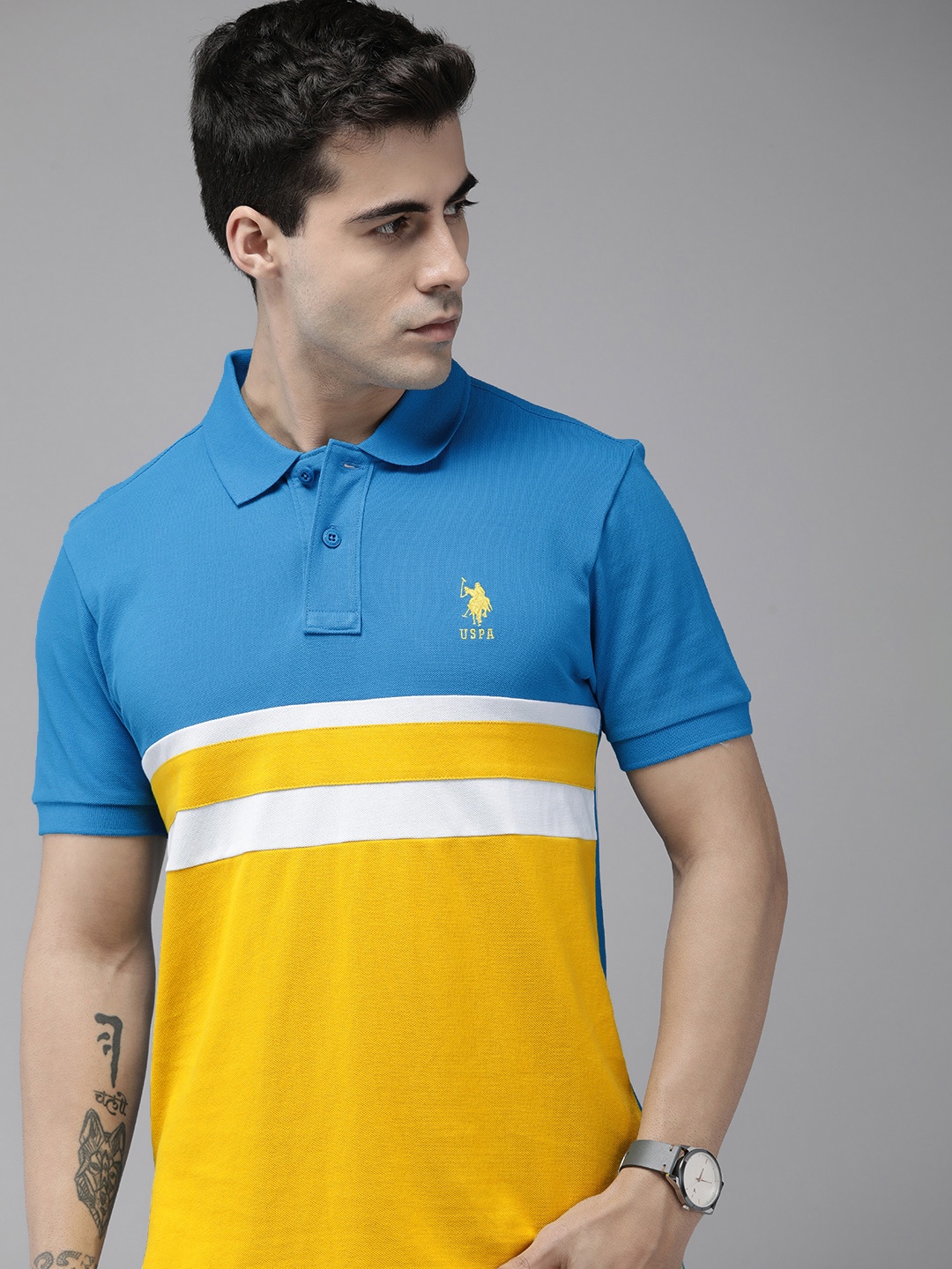 

U.S. Polo Assn. Men Colourblocked Polo Collar Pure Cotton Slim Fit T-shirt, Blue