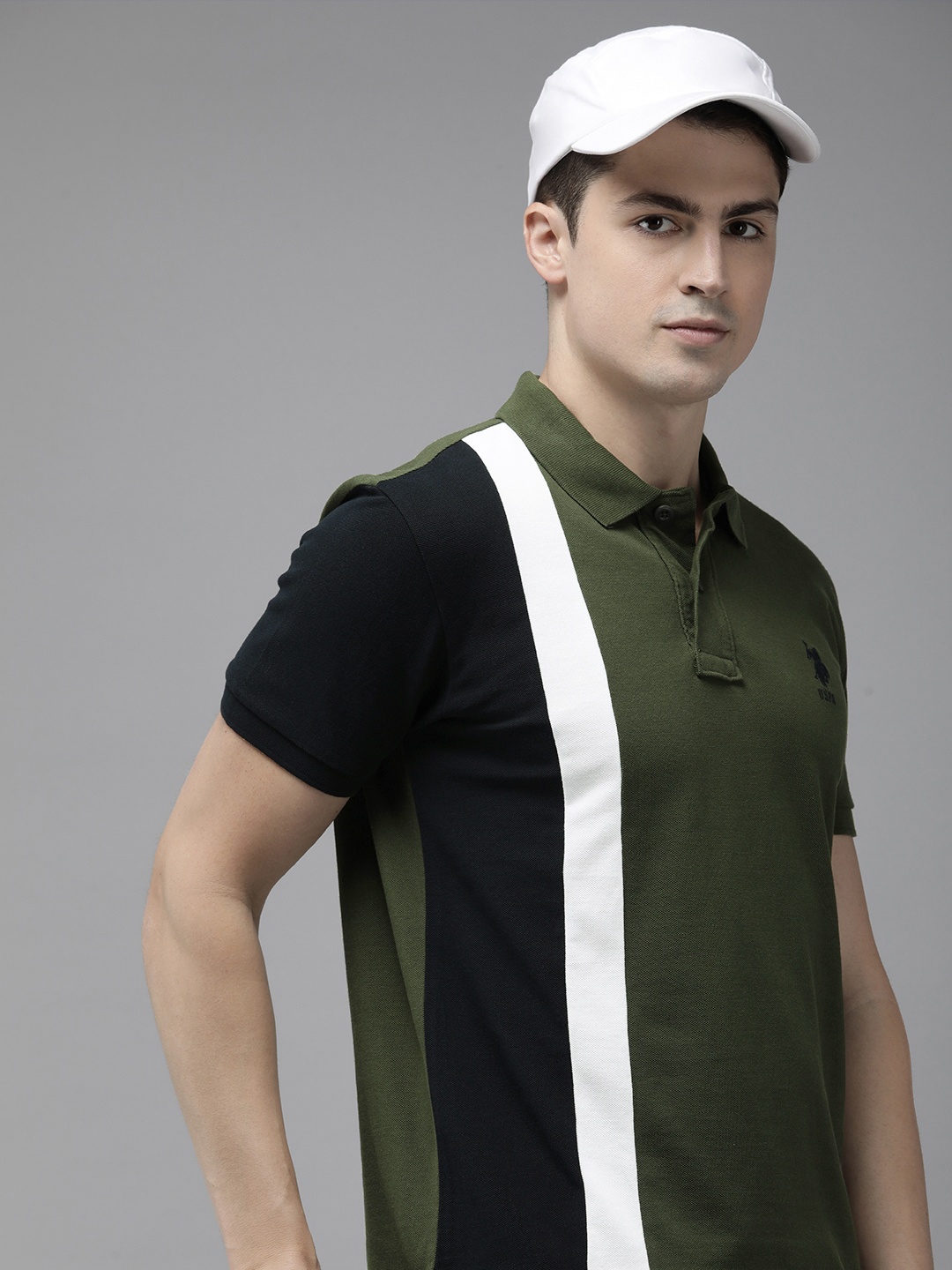 

U.S. Polo Assn. Colourblocked & Embroidered Polo Collar Pure Cotton Slim Fit T-shirt, Olive