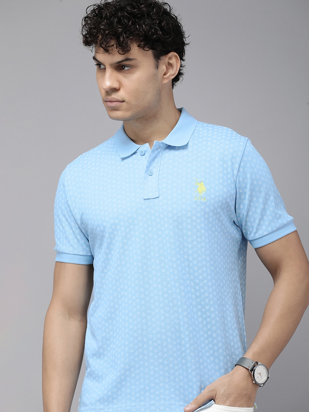 

U.S. Polo Assn. Geometric Self Design Embroidered Polo Collar Pure Cotton Slim Fit T-shirt, Blue