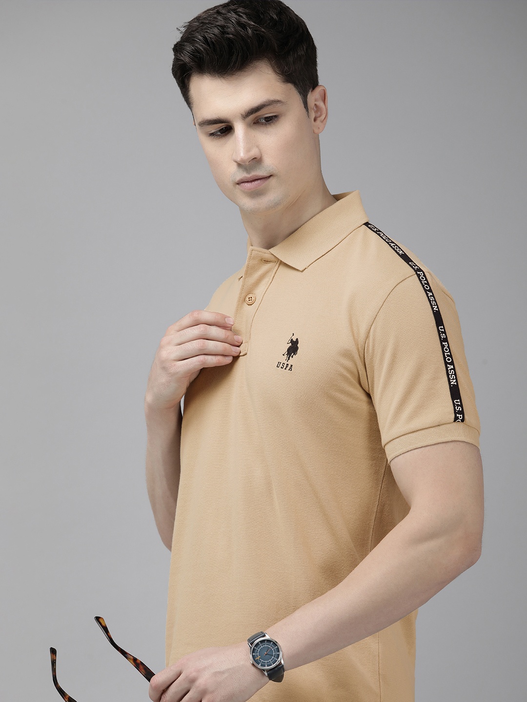 

U.S. Polo Assn. Men Polo Collar Pure Cotton Slim Fit T-shirt, Beige