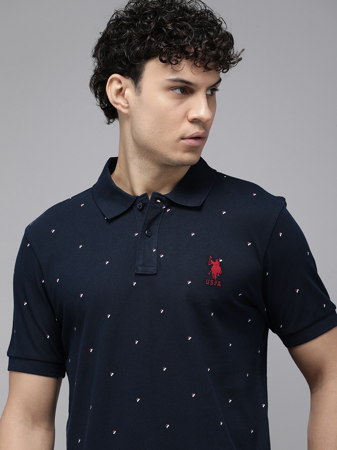 

U.S. Polo Assn. Self Design Embroidered Polo Collar Pure Cotton Slim Fit T-shirt, Navy blue