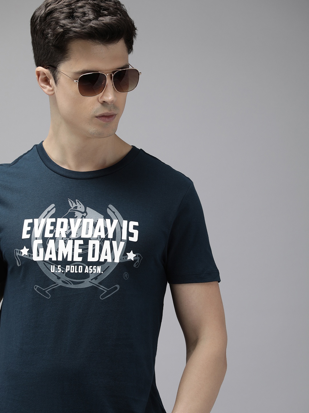 

U.S. Polo Assn. Denim Co. Typography Printed Pure Cotton Applique Slim Fit T-shirt, Navy blue