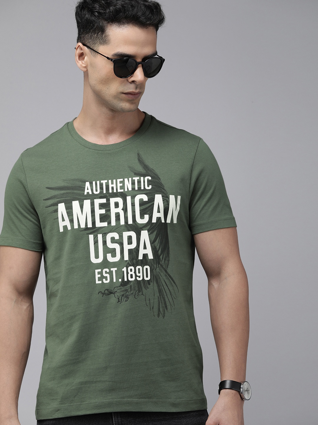 

U.S. Polo Assn. Denim Co. Men Brand Logo Printed Pure Cotton Slim Fit T-shirt, Olive