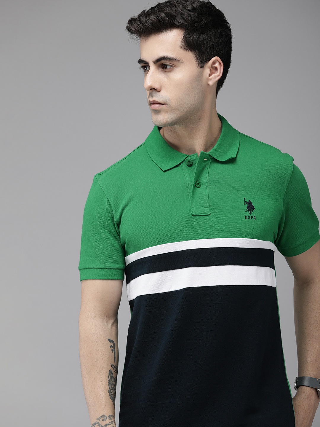 

U.S. Polo Assn. Pure Cotton Colourblocked Polo Collar Slim Fit T-shirt, Green