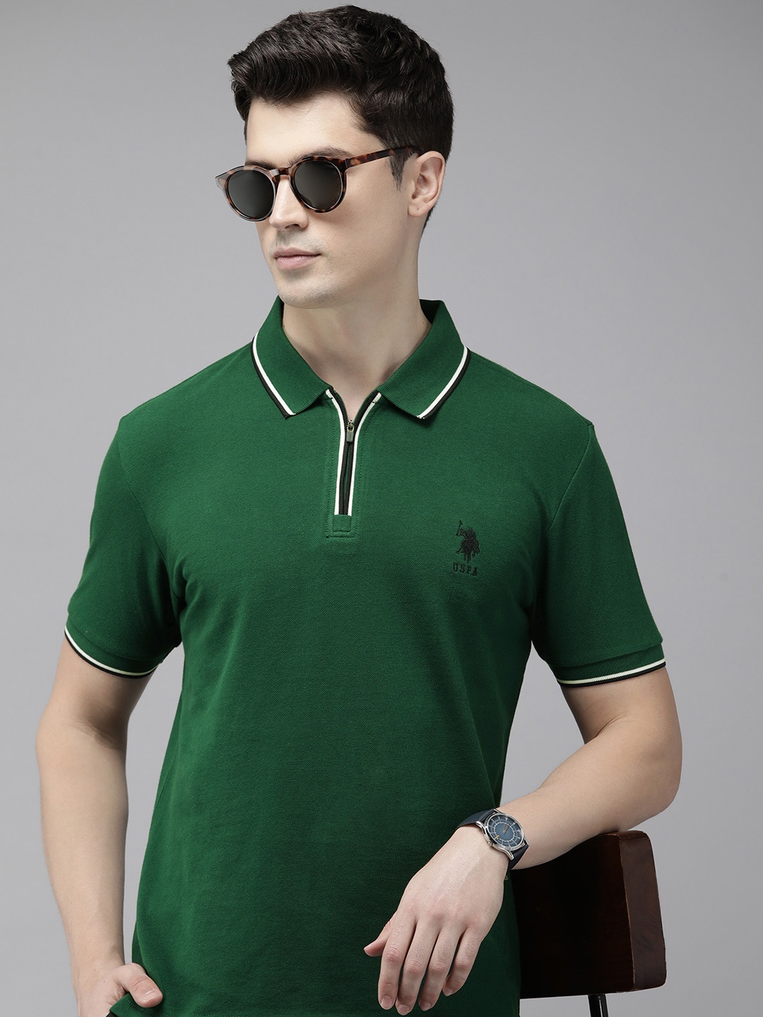 

U.S. Polo Assn. Men Polo Collar Pure Cotton Slim Fit T-shirt, Green